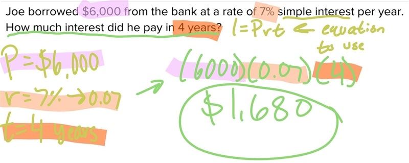 Joe borrowed $6,000 from the bank at a rate of 7% simple interest per year. How much-example-1