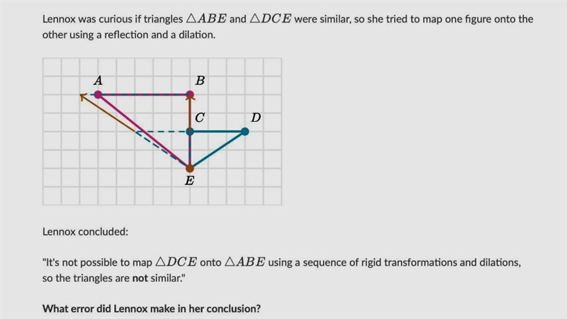 Lennox concluded: "It's not possible to map \triangle DCE△DCEtriangle, D, C, E-example-1