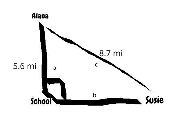 Susie school is due west of her house into south of her friend Alana‘s house. The-example-1