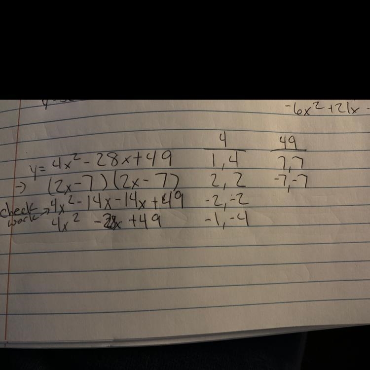 Y=4x^2-28x+49 Need help learning factoring please put work so I can understand-example-1