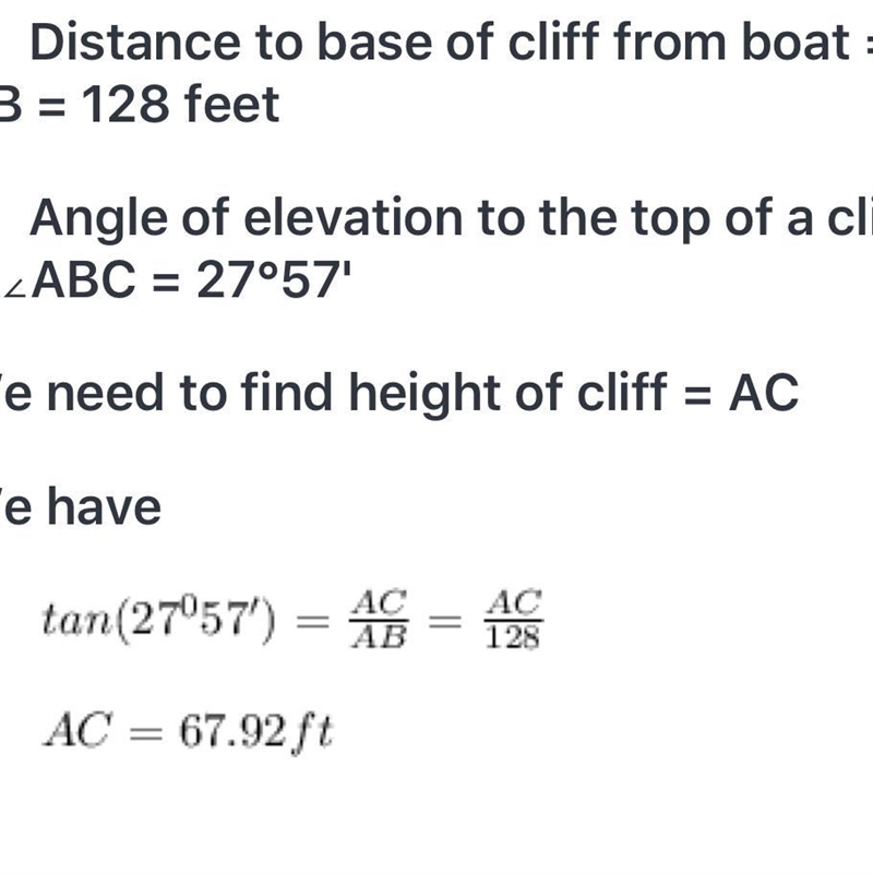 From a boat on the lake, the angle of elevation to the top of a cliff is 27°57'. If-example-1