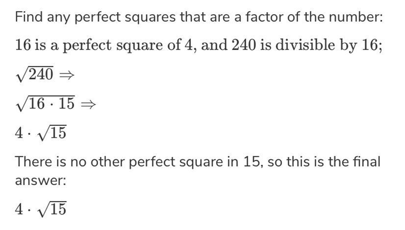 Simplify the following square root: 240 O 1615 O The square root cannot be simplified-example-1