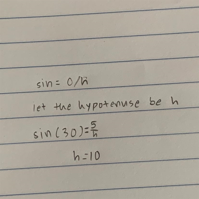 Using trigonometry, find the length of the hypotenuse if the angle is 30° and the-example-1