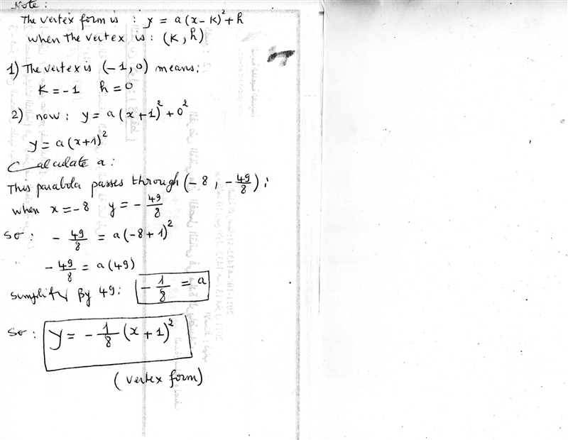 a parabola opening up and down has vertex (-1, 0) and passes through (-8, -49/8). Write-example-1