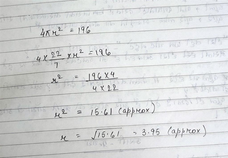 The given measurement of a surface Area of a sphere is 196π.Find it's radius (thanks-example-1