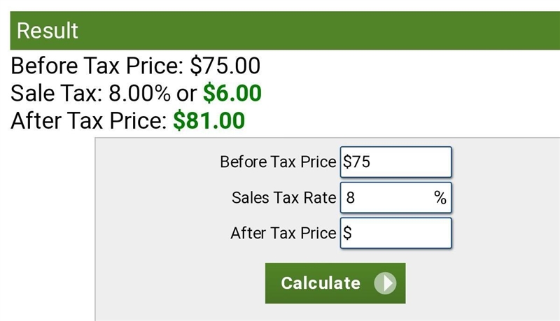 Lamar buys $75 worth of clothes. He pays $81, including sales tax. What is the tax-example-1