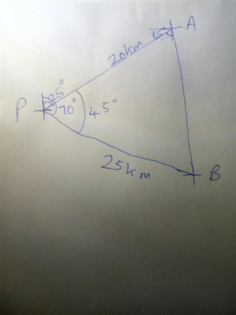 Boat A is 20 km from port on a bearing of 025° and boat B is 25 km from port on a-example-1