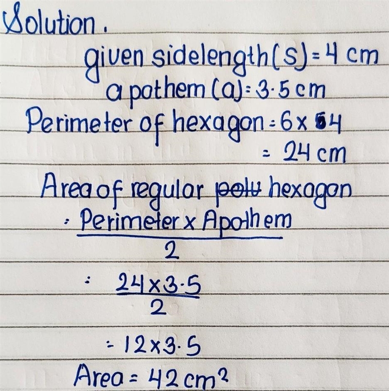 Find the area of a regular hexagon with a side length of 4 cm and an apothem of approximately-example-1