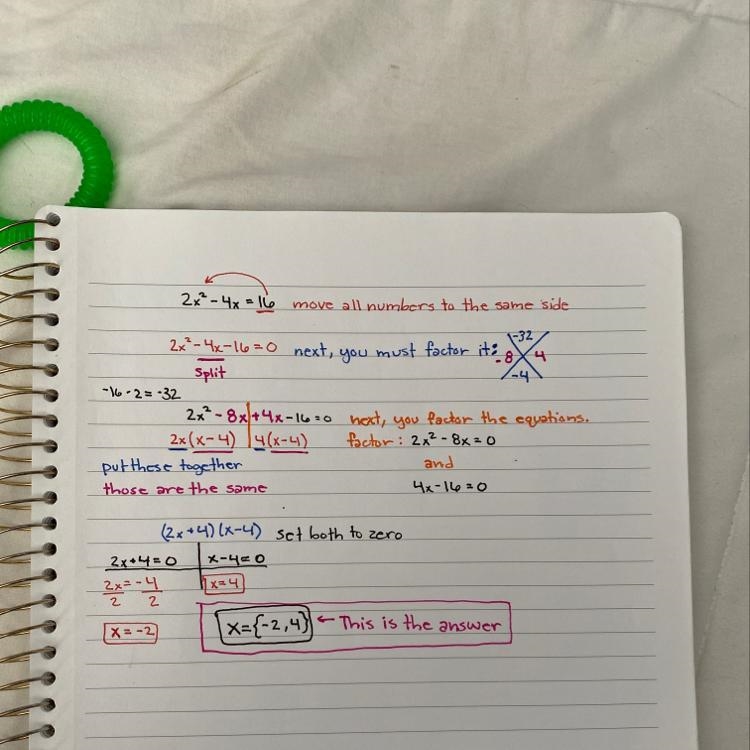 What's the answer to 2x^2-4x=16?-example-1