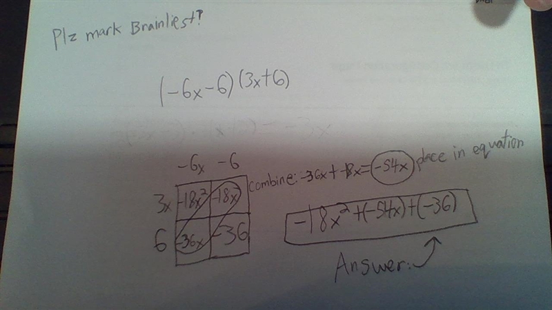 Distribute and simplify (-6x-6)(3x+6) box method-example-1