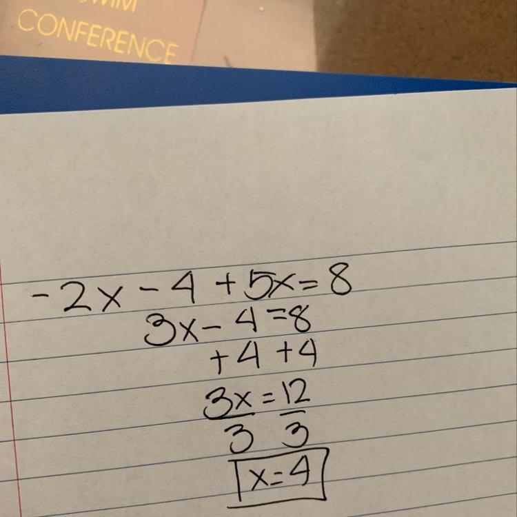 What is x in this equation? -2x - 4 + 5x =8-example-1