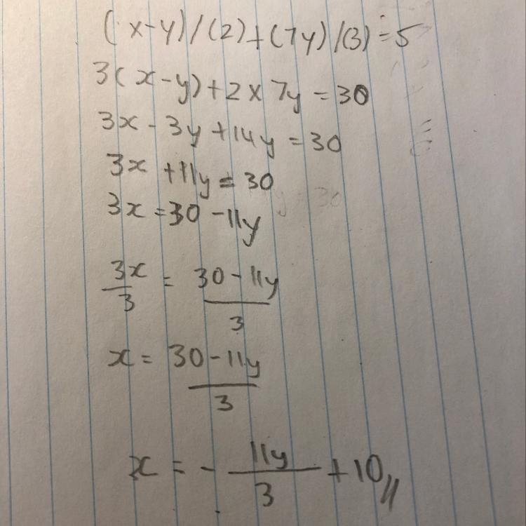 (x-y)/(2)+(7y)/(3)=5-example-1