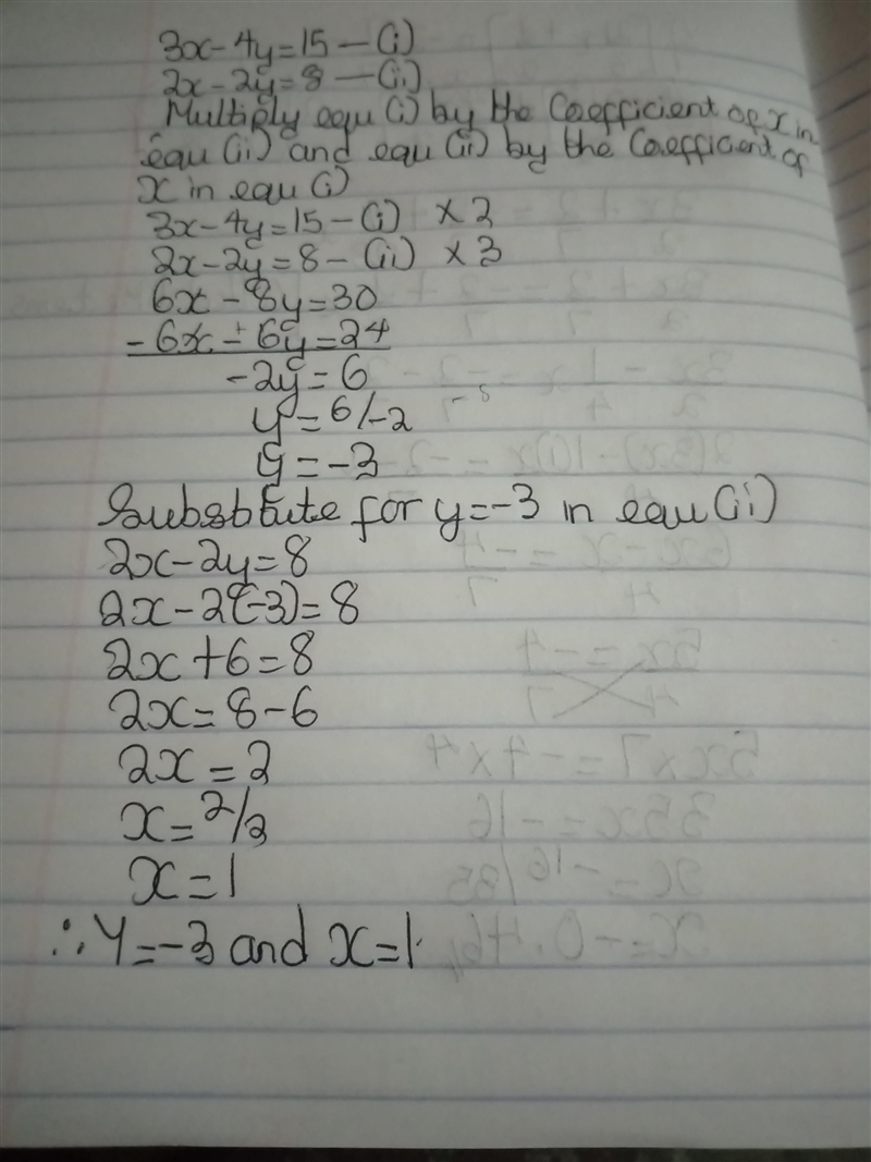 Solve using eliminates method 3x-4y=15 2x-2y=8​-example-1