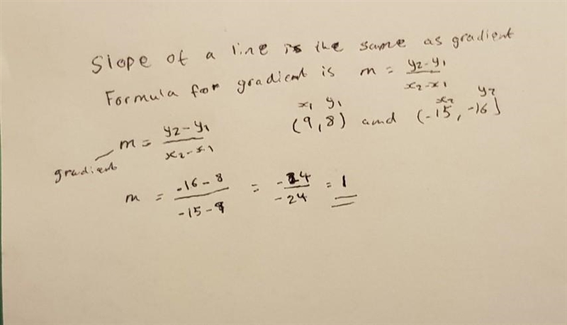 What is the slope of the line that passes through the points (9,8) and -15,-16)? Write-example-1