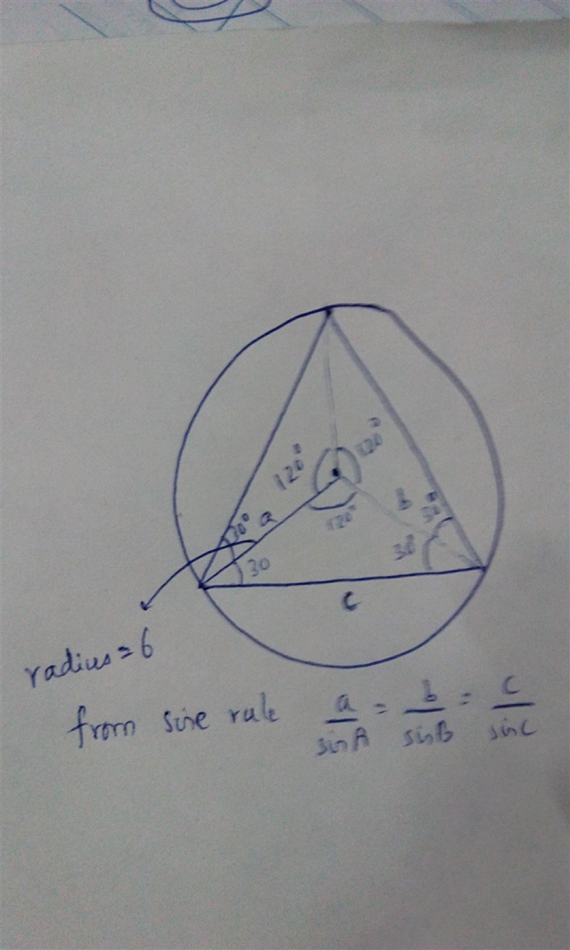 A circle has a radius of 6 in. The inscribed equilateral triangle will have an area-example-1