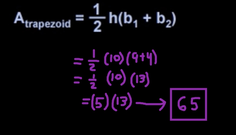 What is the area of a trapezoid with a height of 10 and B1 of 9 and B2 of 4-example-1