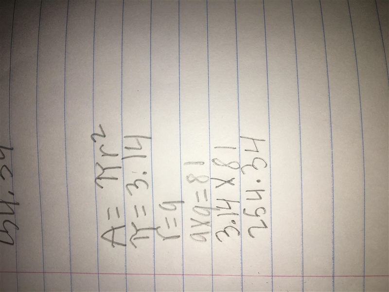 Find the area of a circle that has a radius of 9 mm. Use 3.14 for . -56.52 mm 2 -28.26 mm-example-1