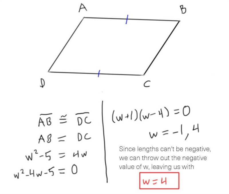 AB=W2-5 DC = 4w Solve for the variable of the parallelogram-example-1