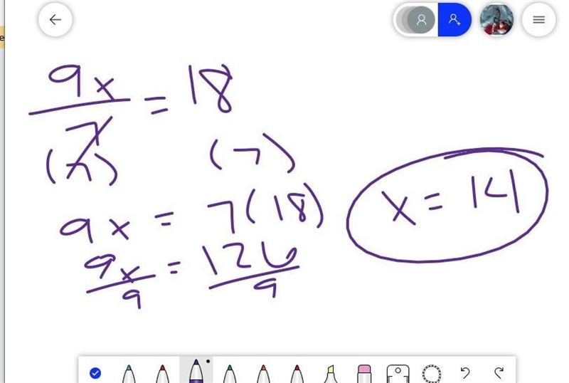 Solve for x. 9x/7= 18 x = -2 4/7 x = 2 4/7 x = 14-example-1