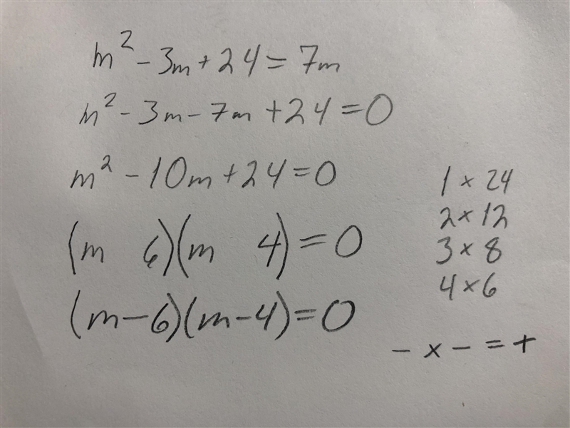 M2-3m+ 24 = 7m solve by factoring-example-1