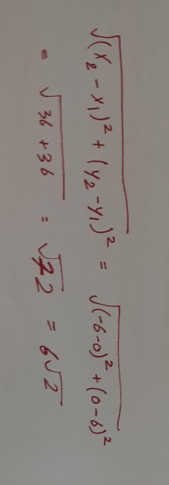 Find the distance between (0,6) and (-6,0).-example-1