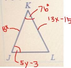 1 Use the properties of an Isosceles Triangle to solve for x and y. AJKL is an isosceles-example-1