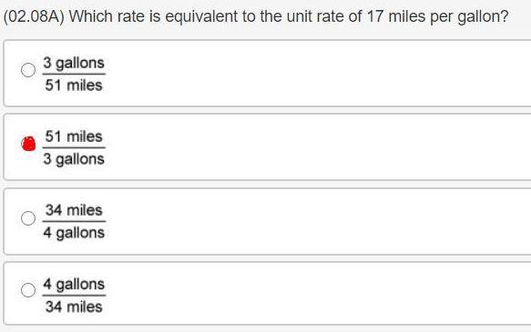 Which rate is equivalent to the unit rate of 17 miles per gallon?-example-1