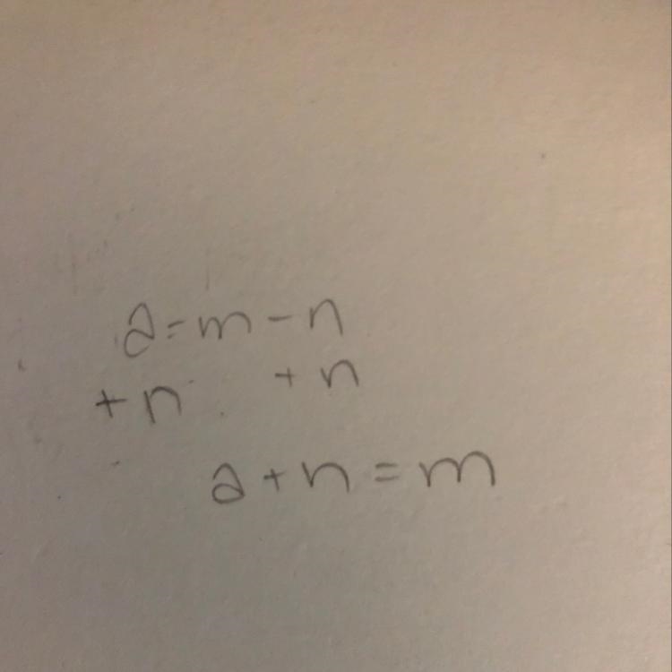 Solve the equation a = m – n for the variable m.-example-1