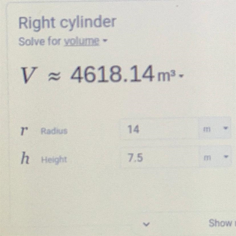 Height= 7.5 m radius = 14m Find the volume It’s a cylinder btw-example-1