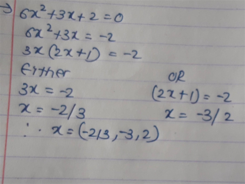 Use the quadratic form to solve 6x^2+3x+2=0.-example-1