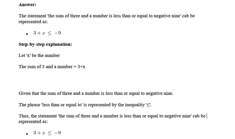 The sum of three and a number is less than or equal to negative nine-example-1