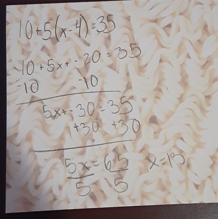 Solve: 10+5(x-4) = 35 ​-example-1