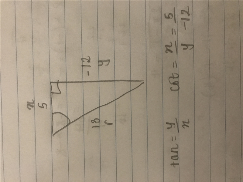 PLEASE HELP ME!! Given the point (5, -12) and r = 13, find cot0-example-1