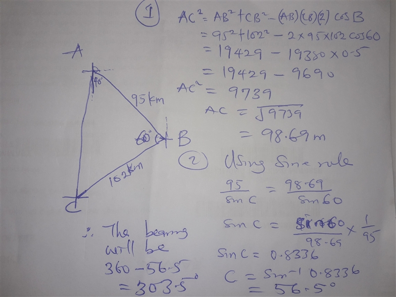 A ship sails 95 km on a bearing of 140 degrees,than further on 102km on a bearing-example-1