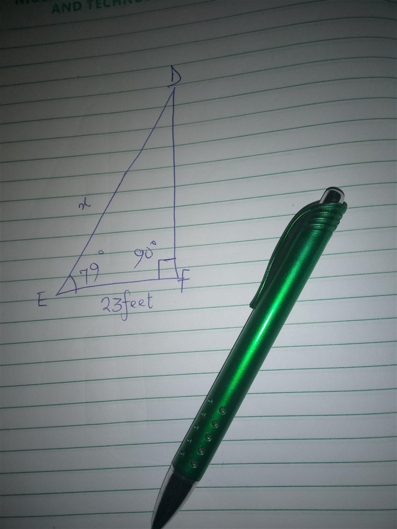 In ΔDEF, the measure of ∠F=90°, the measure of ∠E=79°, and EF = 23 feet. Find the-example-1