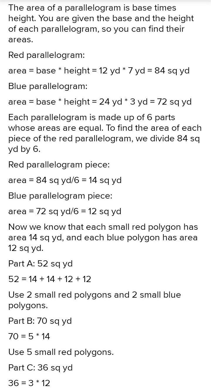 The picture shows a blue parallelogram split into 2 equal parts and a red parallelogram-example-1