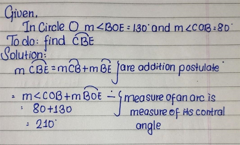 If m<2 BOE = 130° and m< COB = 80º, find the measure of the indicated arc in-example-1