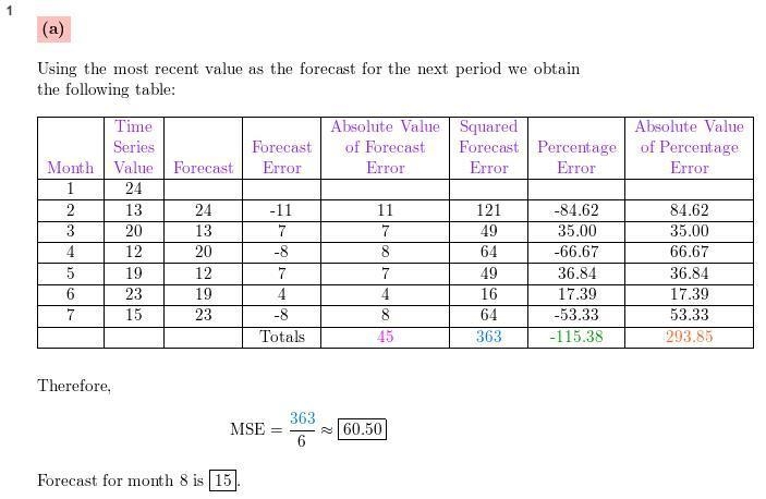 4. Consider the following time series data: Month 1 2 3 4 5 6 7 Value 24 13 20 12 19 23 15 1. Compute-example-1