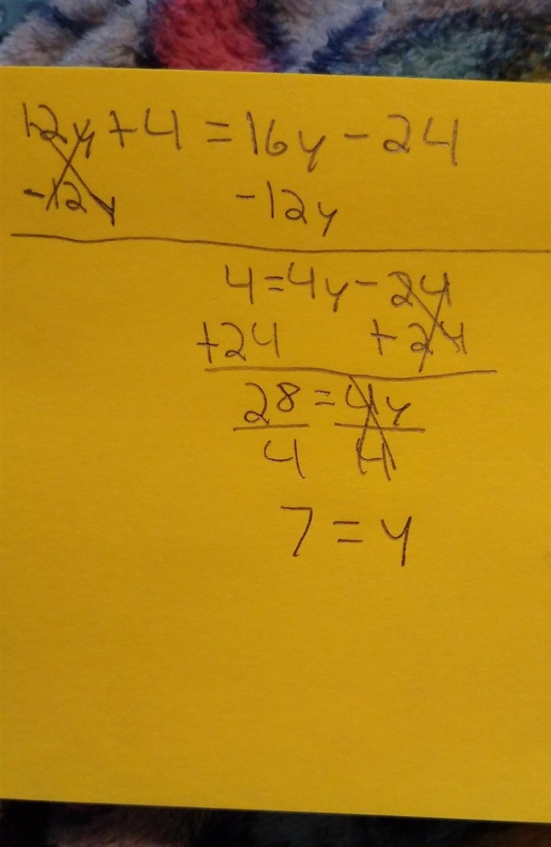 12y + 4 = 16y − 24 two step equations-example-1