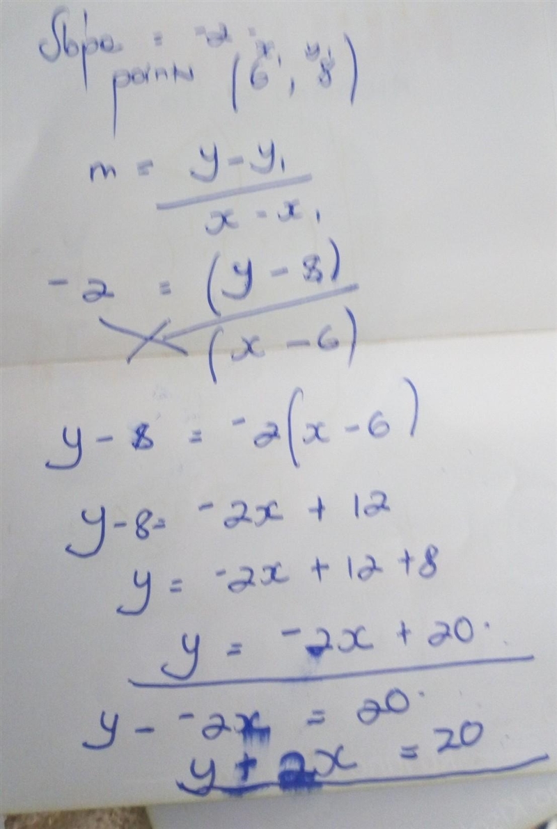 What is the equation of a line with a slope of -2 that passes through the point (6, 8)? O-example-1