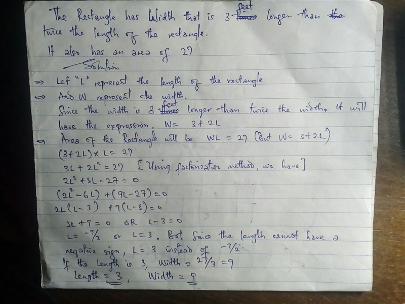 The width of a rectangle is 3 3 feet longer than two times its length, and its area-example-1