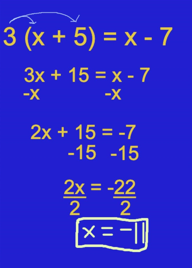 Solve for x. Show all work 3(x + 5) = x - 7-example-1