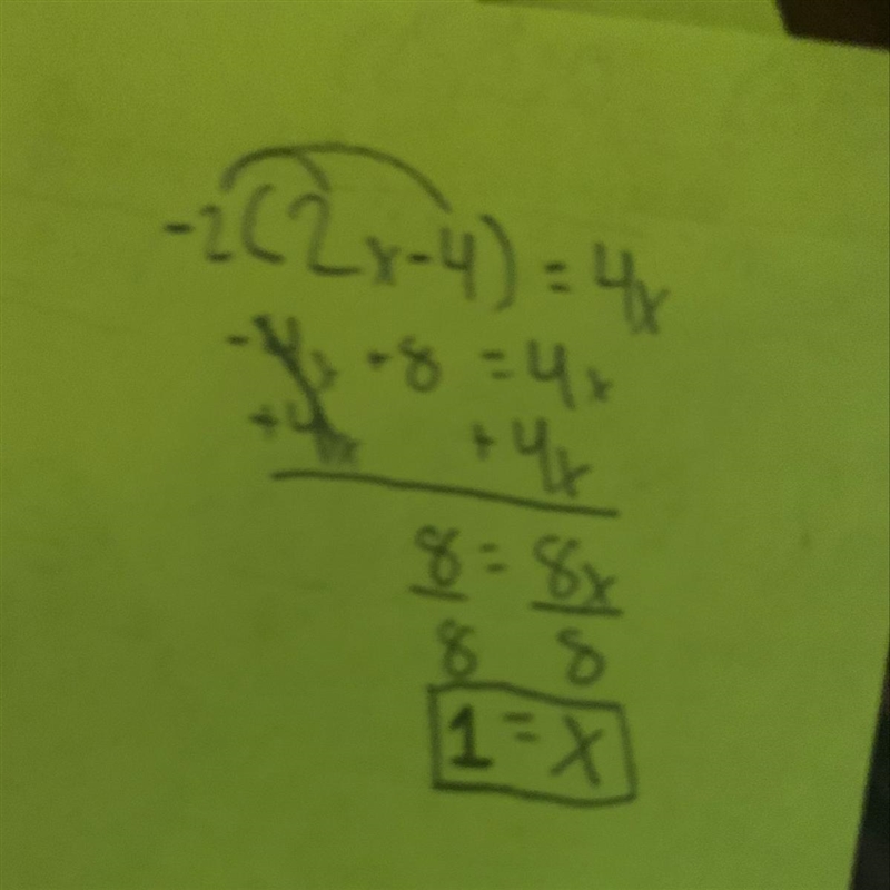 Solve the equation -2(2x - 4) = 4x Write it step by step. I really need help-example-1