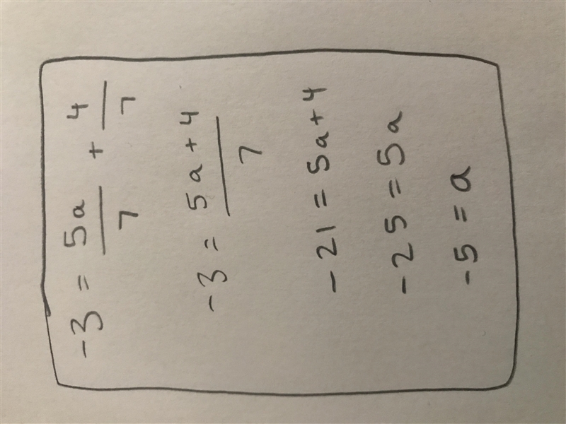 Solve for a -3= 5a/7+4/7-example-1