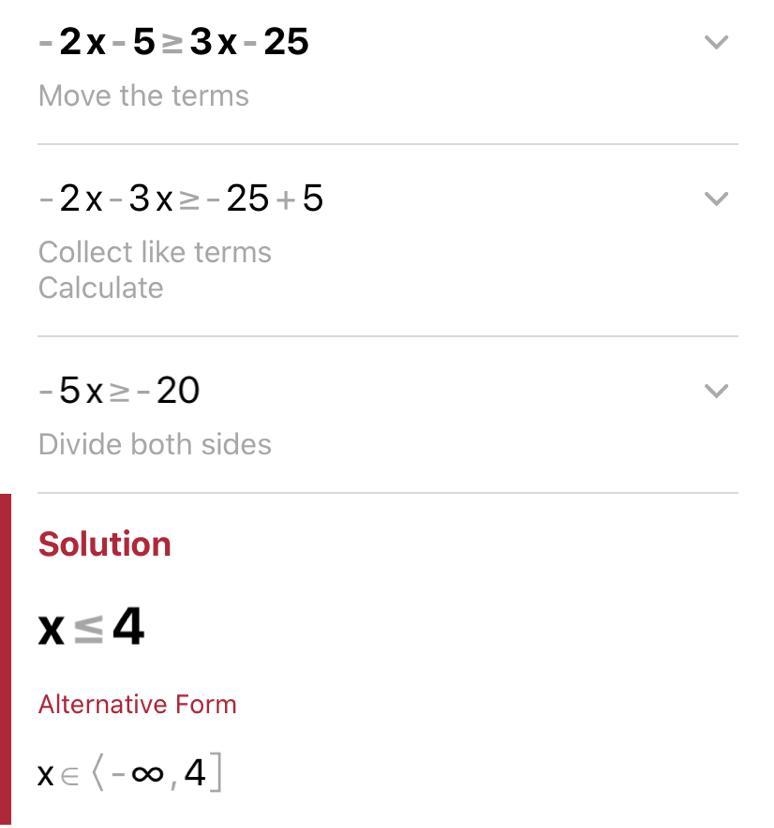 Solve the inequality and tell weather it has infinite or no solutions -2x-5\geq 3x-example-1