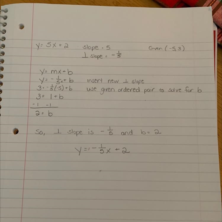 Write the equation of the line that is perpendicular to y = 5x + 2 and passes through-example-1