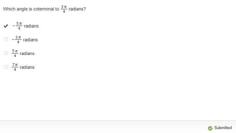 Which angle is coterminal to StartFraction 3 pi Over 4 EndFraction radians? Negative-example-1