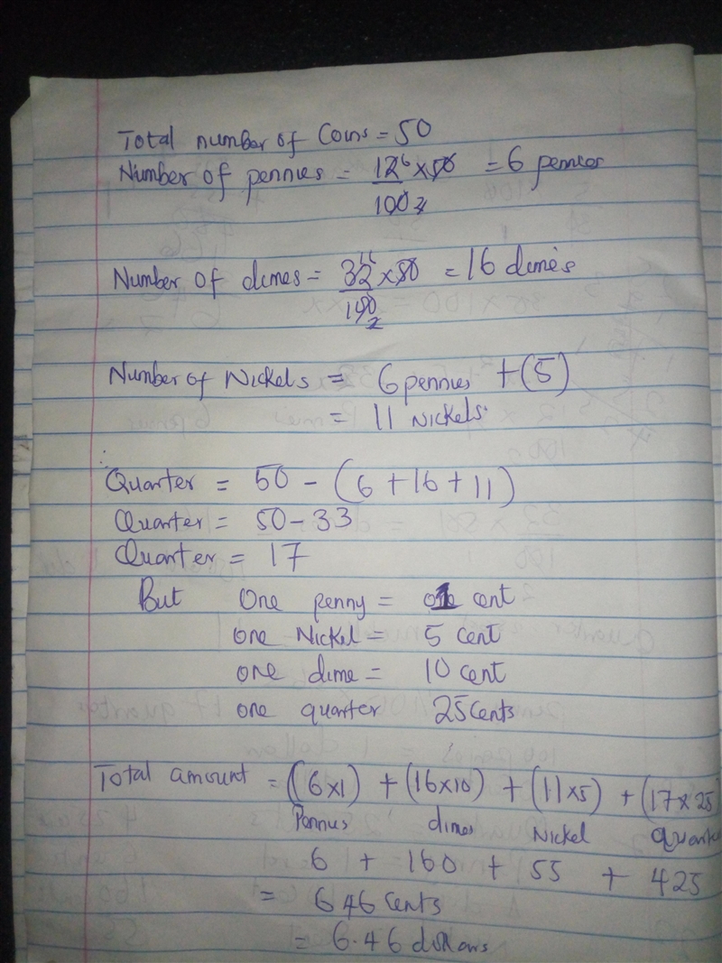 A bag contains​ pennies, nickels,​ dimes, and quarters. There are 50 coins in all-example-1