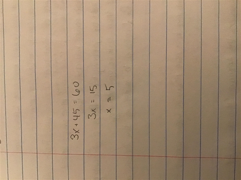 3x+45=60 solve for x-example-1