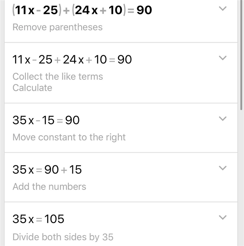 Solve the equation: (11x-25) + (24x+10) =90-example-1